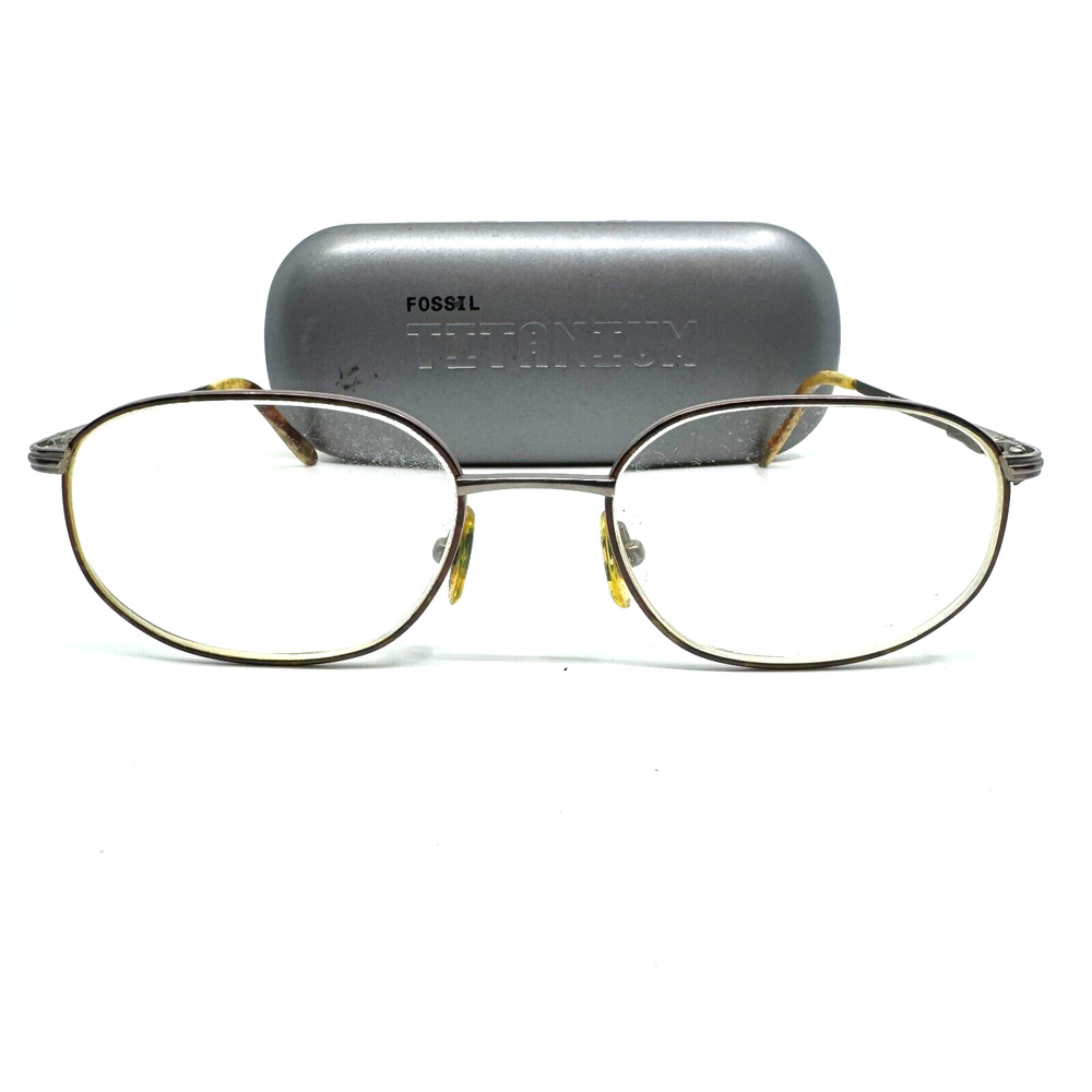 Fossil Titanium Eyeglasses Frames‎ with Case Round Silver Yellow 54mm H9471
